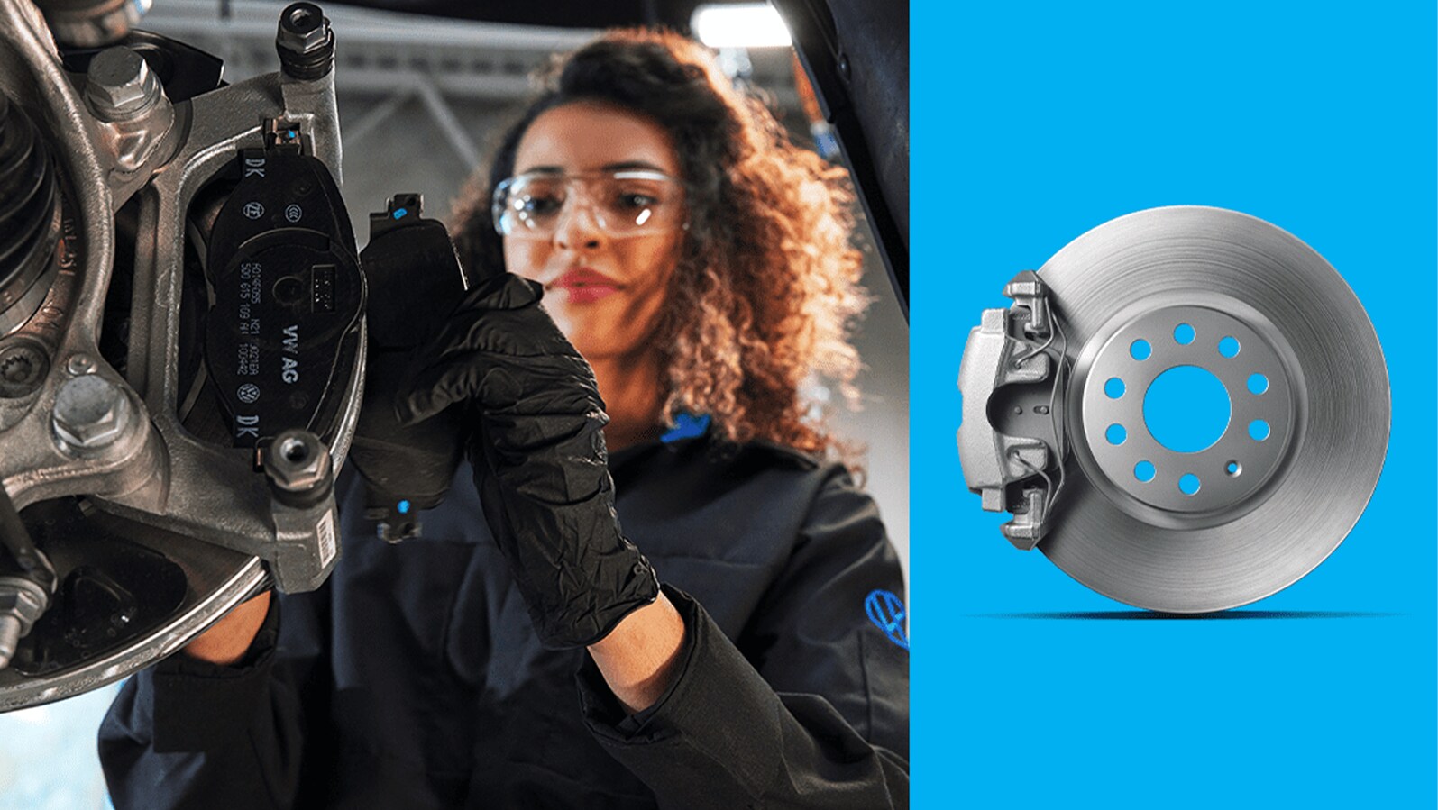 3 Main Benefits of Using OEM parts for your vehicle at West Broad VW in Richmond, VA | Mechanic wearing safety glasses is installing brake pads / Silver brake rotors and Brake calipers
