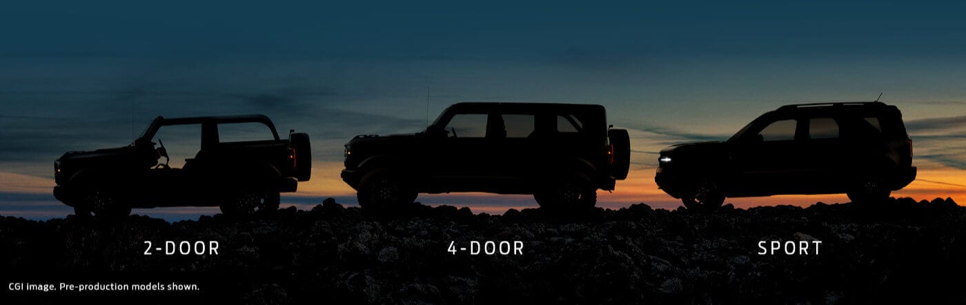 2021 Ford Bronco teaser of 2-Door, 4-Door & Sport models