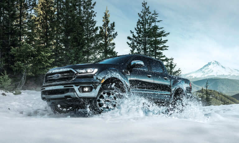 2020 Black Ford Ranger Driving in Snow