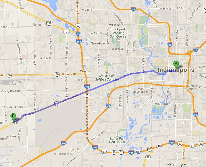 Indianapolis, IN to Westgate Chrysler Jeep Dodge, 2695 E Main St, Plainfield, IN 46168