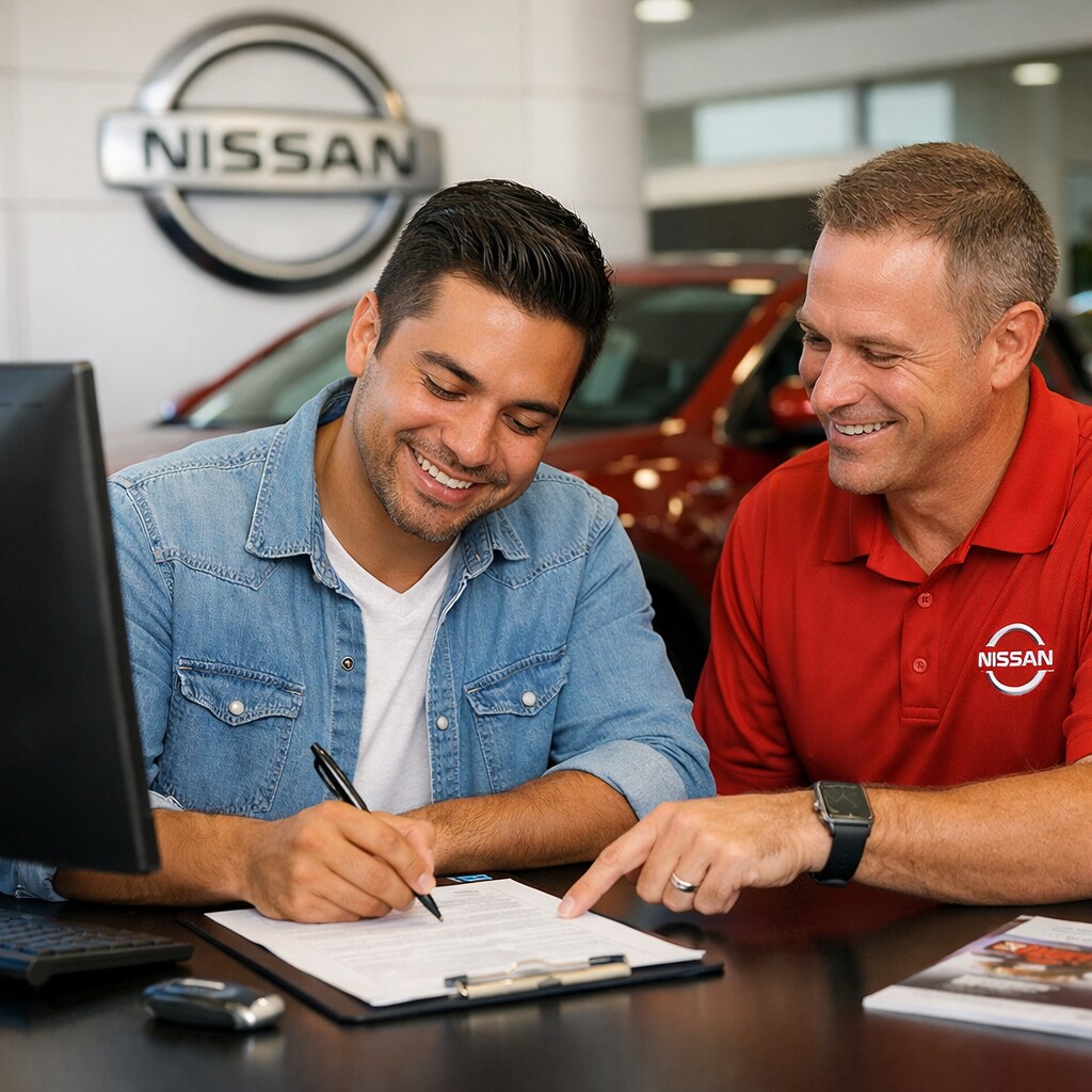 Signing papers for a vehicle purchase