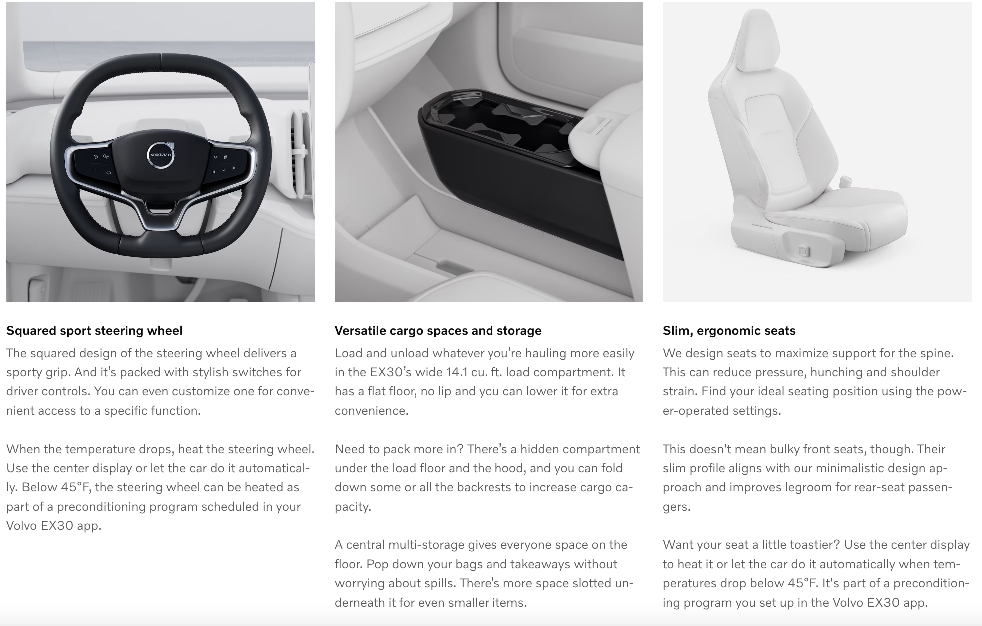 View EX30 interior features.