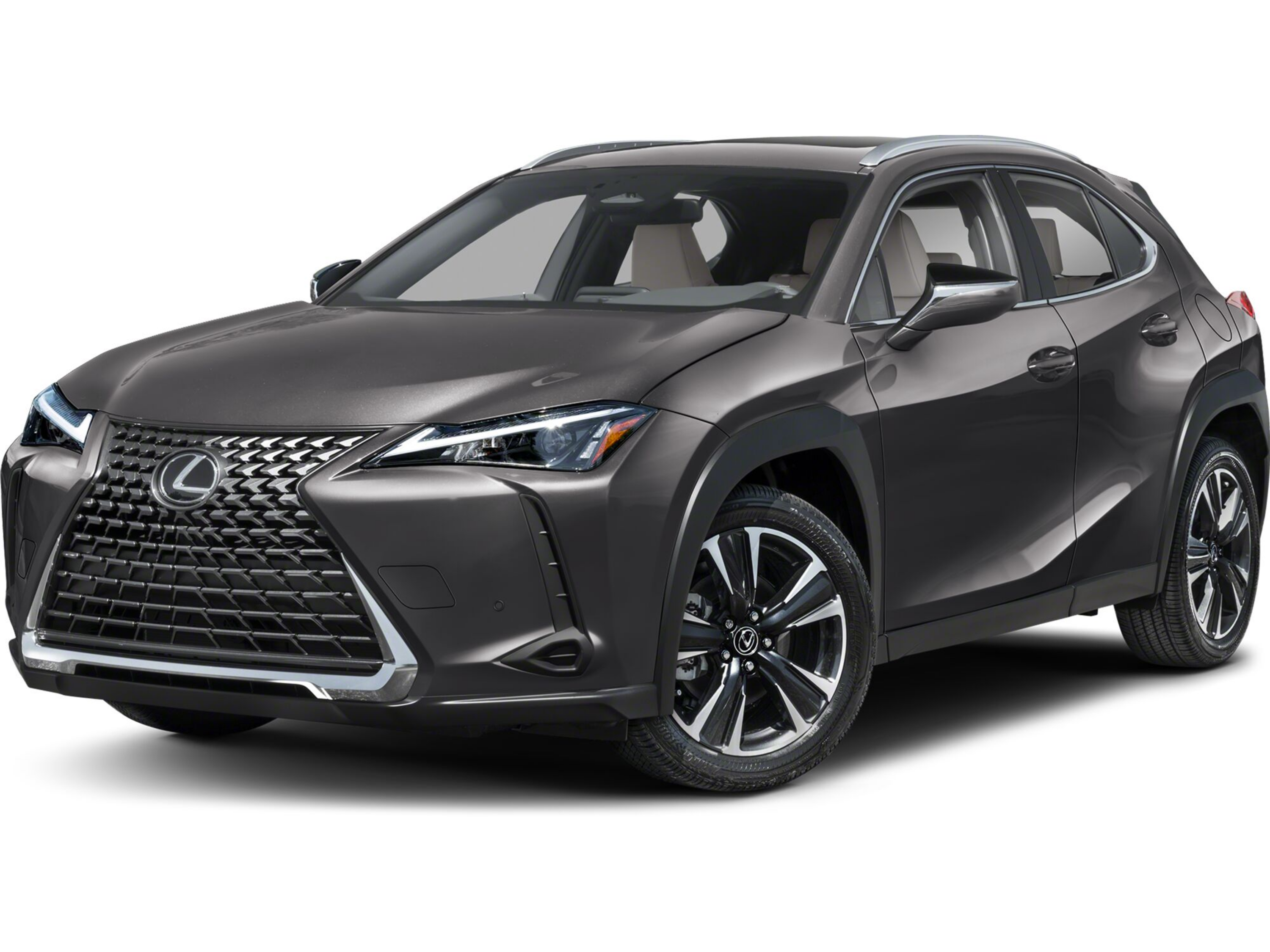 Which Lexus is right for me? Front three-quarter view of a dark gray Lexus UX compact luxury crossover on a black background.