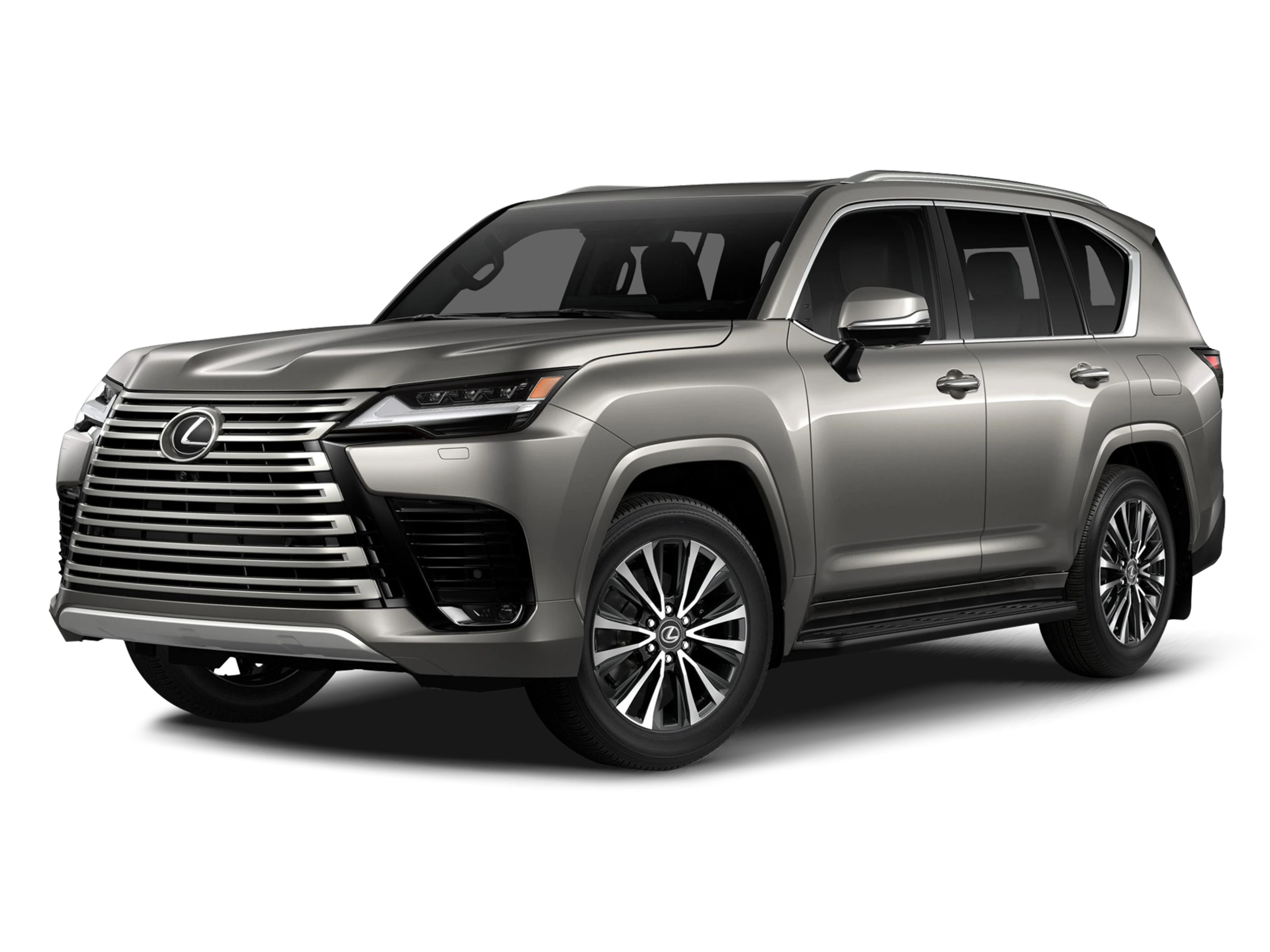Which Lexus is right for me? Studio shot of a champagne silver Lexus LX full-size luxury SUV isolated on a black background.