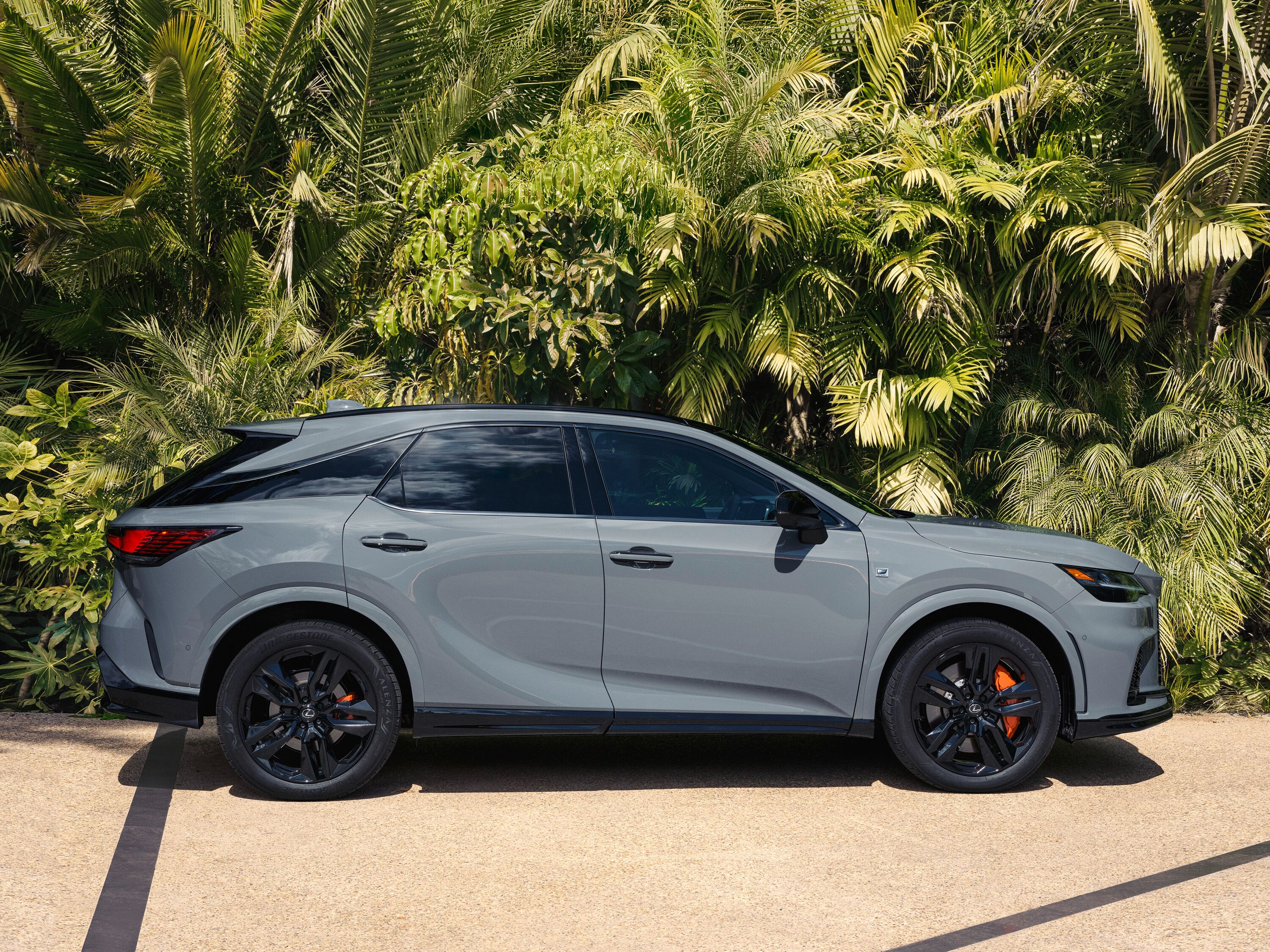 Which Lexus is right for me? Side profile view of a gray Lexus RX F Sport SUV parked in front of tropical palm trees.