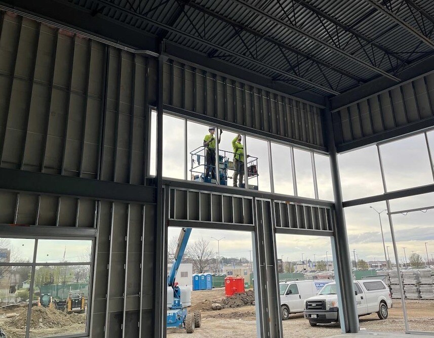 Exterior Curtain Wall Framing Installation In Progress. IExterior Curtain Wall Framing Installation In Progress.