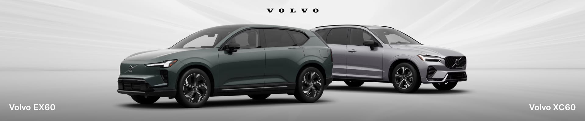 Two Volvo SUVs, a green EX60 and a silver XC60, displayed side by side against a light background.