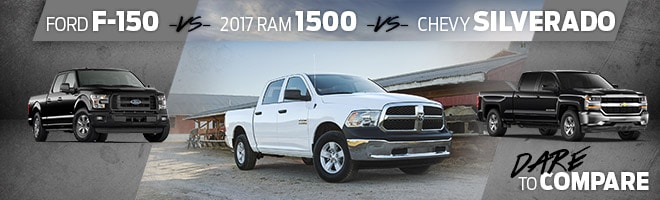 Dare to Compare: Ram 1500 vs Ford F-150 vs Chevy Silverado 1500 Dare to Compare: Ram 1500 vs Ford F-150 vs Chevy Silverado 1500
