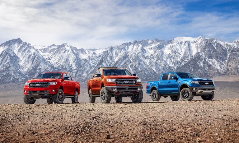 2022 Ford Ranger's parked side by side in front of mountains