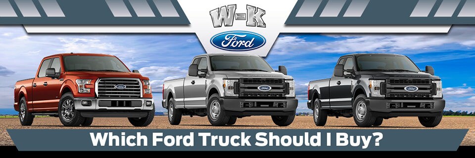 Which Ford Truck Should I Buy? Ford F-150 next to an F-250 and an F-350