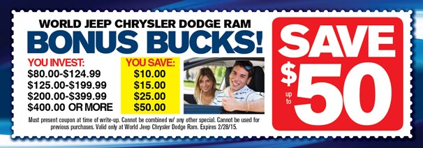 Bonus Bucks from World Jeep Chrysler Dodge Ram Shrewsbury NJ