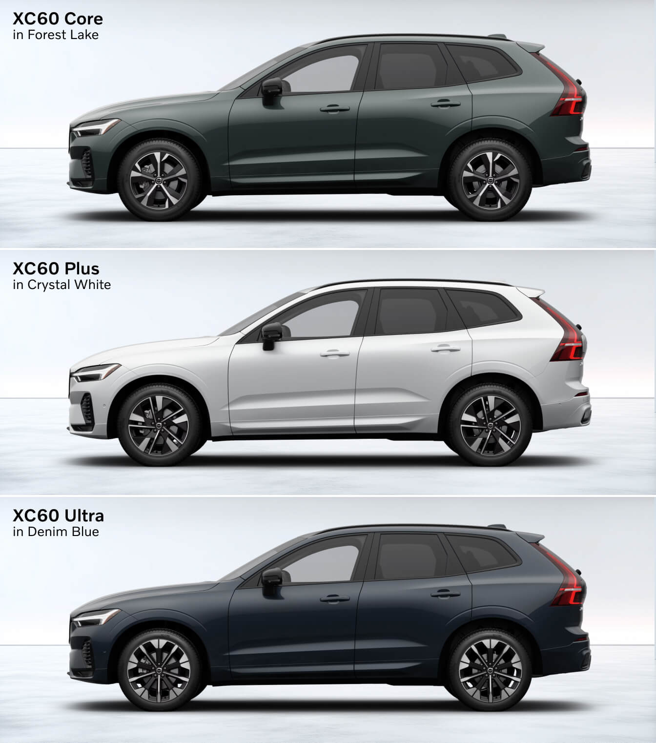 2026 Volvo XC60 Core in Forest Lake, Plus in Crystal White and Ultra in Denim Blue, shown in side profile in a white studio background.
