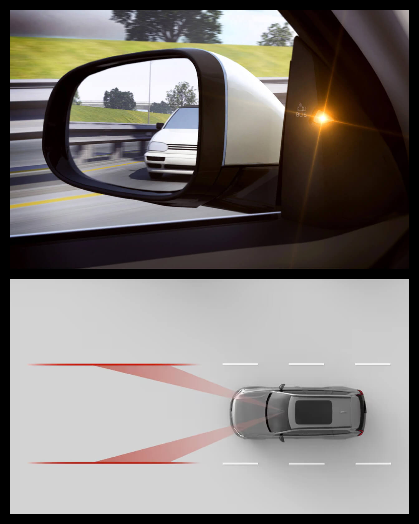 Original illustration of Volvo BLIS. Modern illustration of Volvo Lane Keeping Aid.