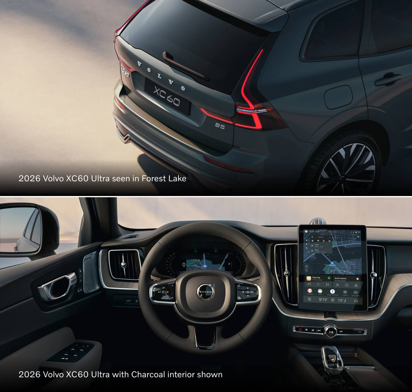 Top: 2026 Volvo XC60 Ultra in Forest Lake rear view. Bottom: Charcoal interior with steering wheel and touchscreen.
