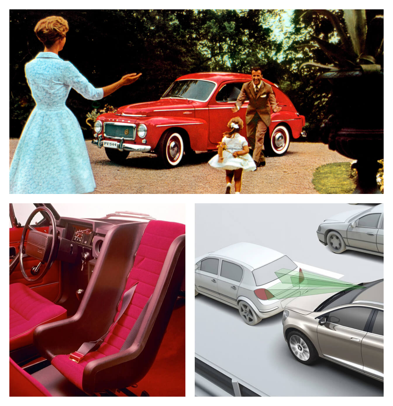 Vintage ad showing a family near a 1959 PV544. Close-up photo of 1972 rear-facing baby seat. 2008 illustration of Volvo City Safety.