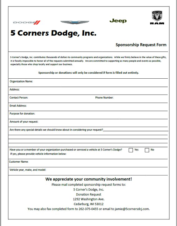 Sponsorship Request Form 5 Corners Dodge Chrysler Jeep Sponsorship Request Form 5 Corners