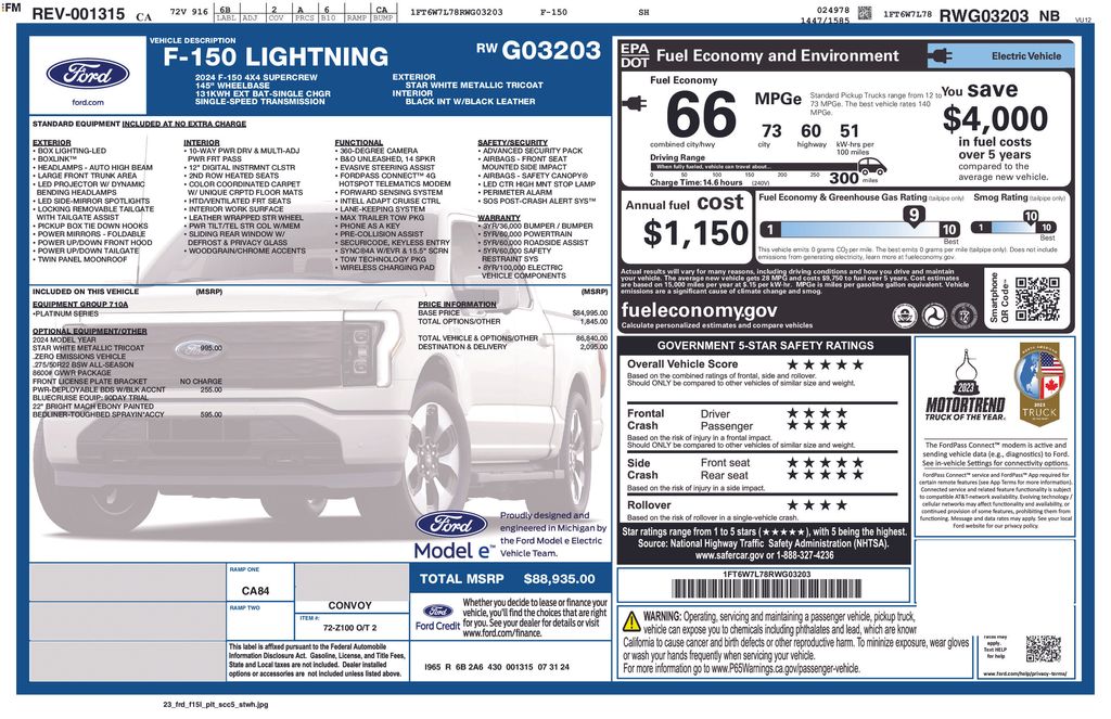 Used 2024 Ford F-150 Lightning Platinum with VIN 1FT6W7L78RWG03203 for sale in Lake Elsinore, CA