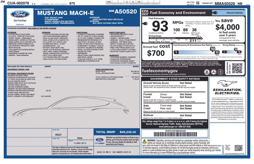 Used 2021 Ford Mustang Mach-E Select AWD with VIN 3FMTK1SS7MMA50520 for sale in Lake Elsinore, CA
