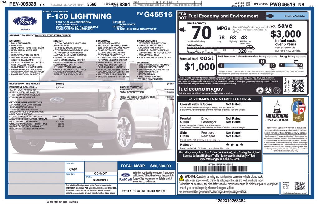 Used 2023 Ford F-150 Lightning Lariat with VIN 1FT6W1EV5PWG46516 for sale in Lake Elsinore, CA