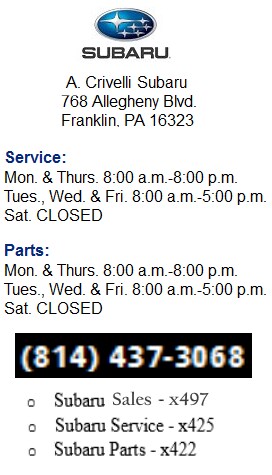 A Crivelli Subaru >> Service Center A Crivelli Auto Group A Crivelli Subaru >> Service Center A Crivelli Auto Group