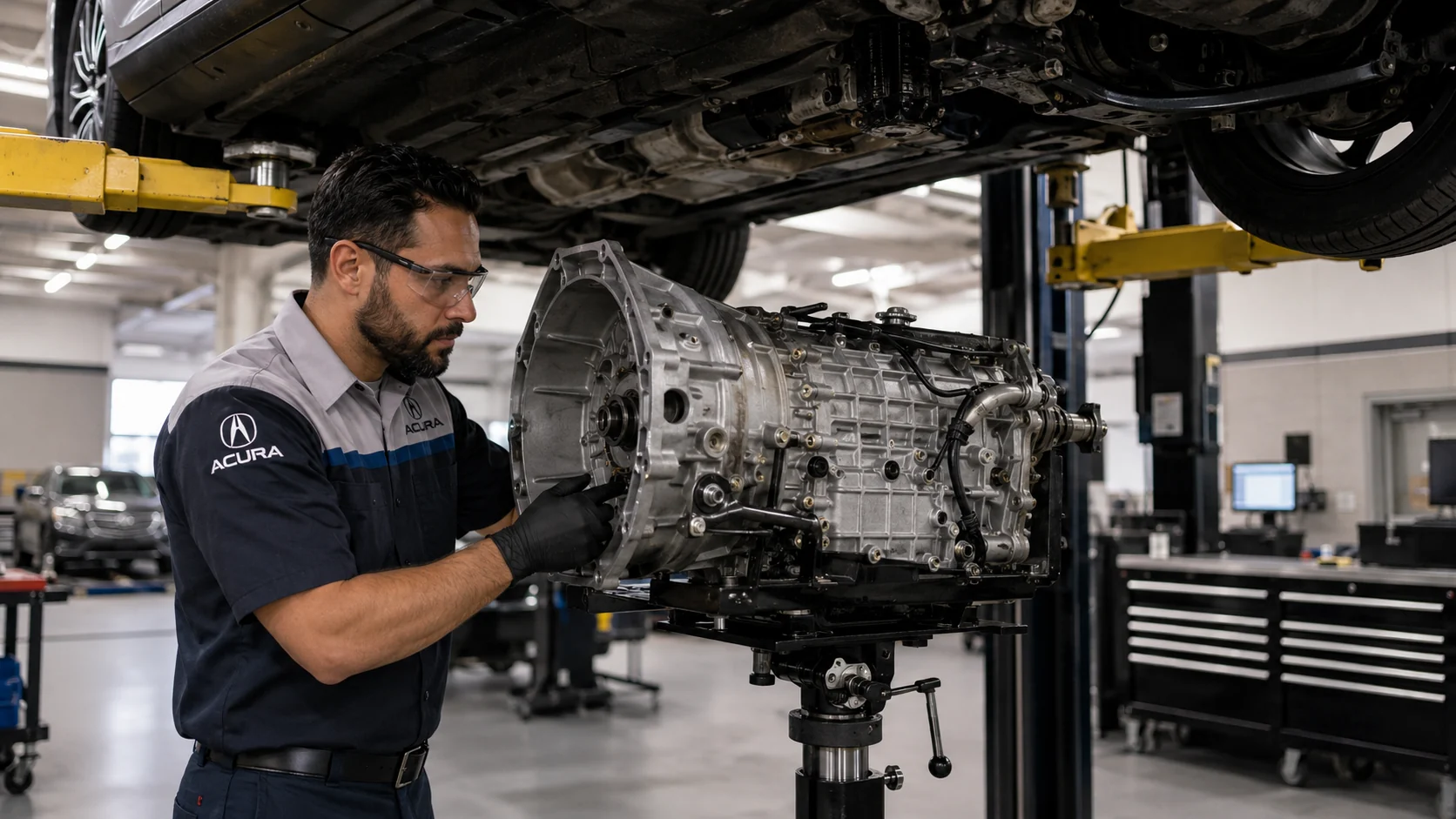 Acura transmission service technician working on a vehicle in West Palm Beach