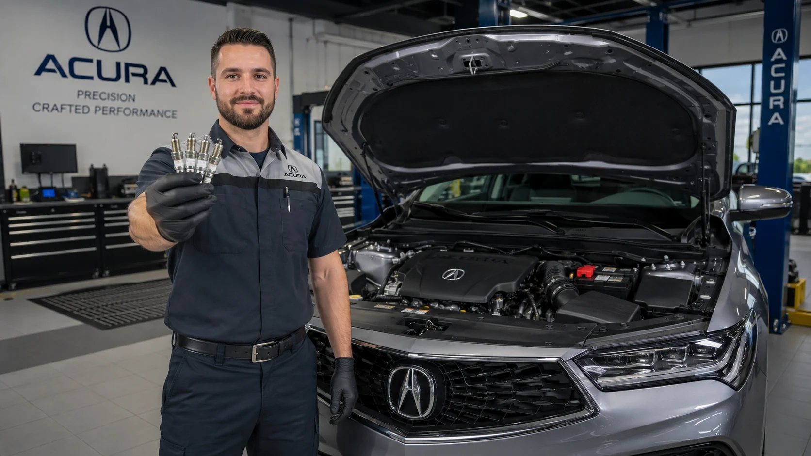 Acura service technician holding spark plugs beside an Acura vehicle in West Palm Beach