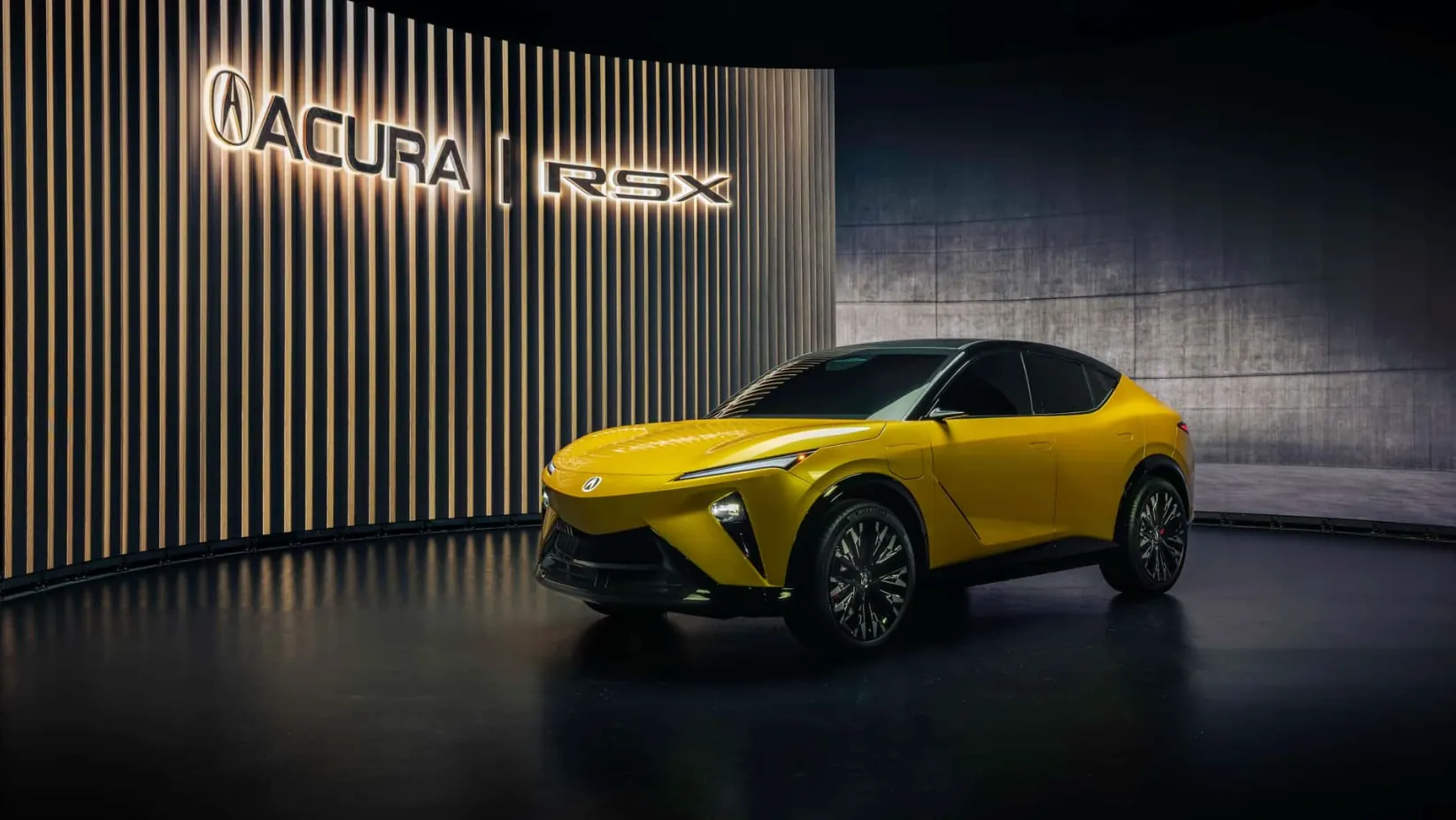 Yellow Acura RSX EV prototype on display