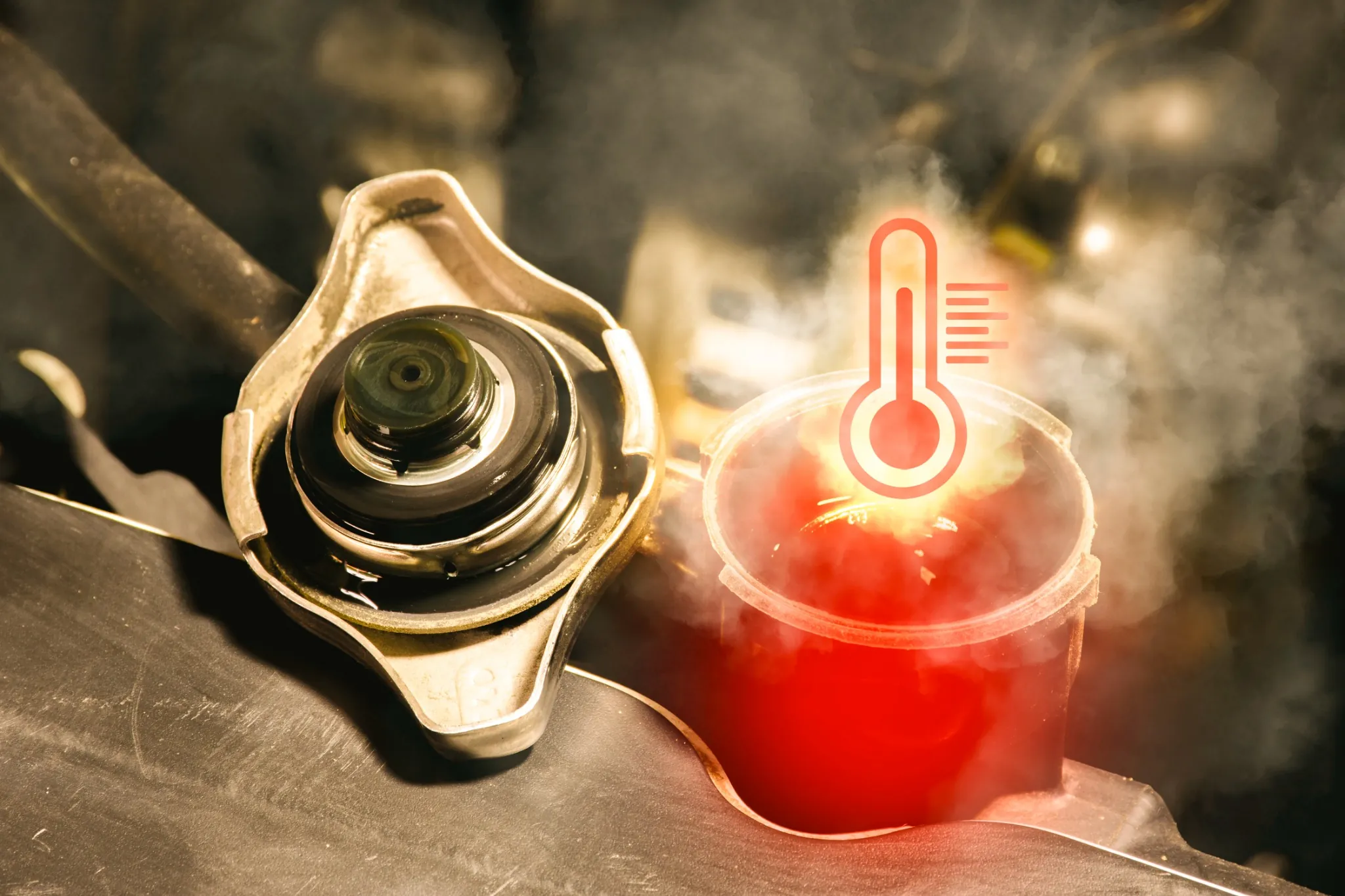 Radiator cap and coolant warning sign for overheating service