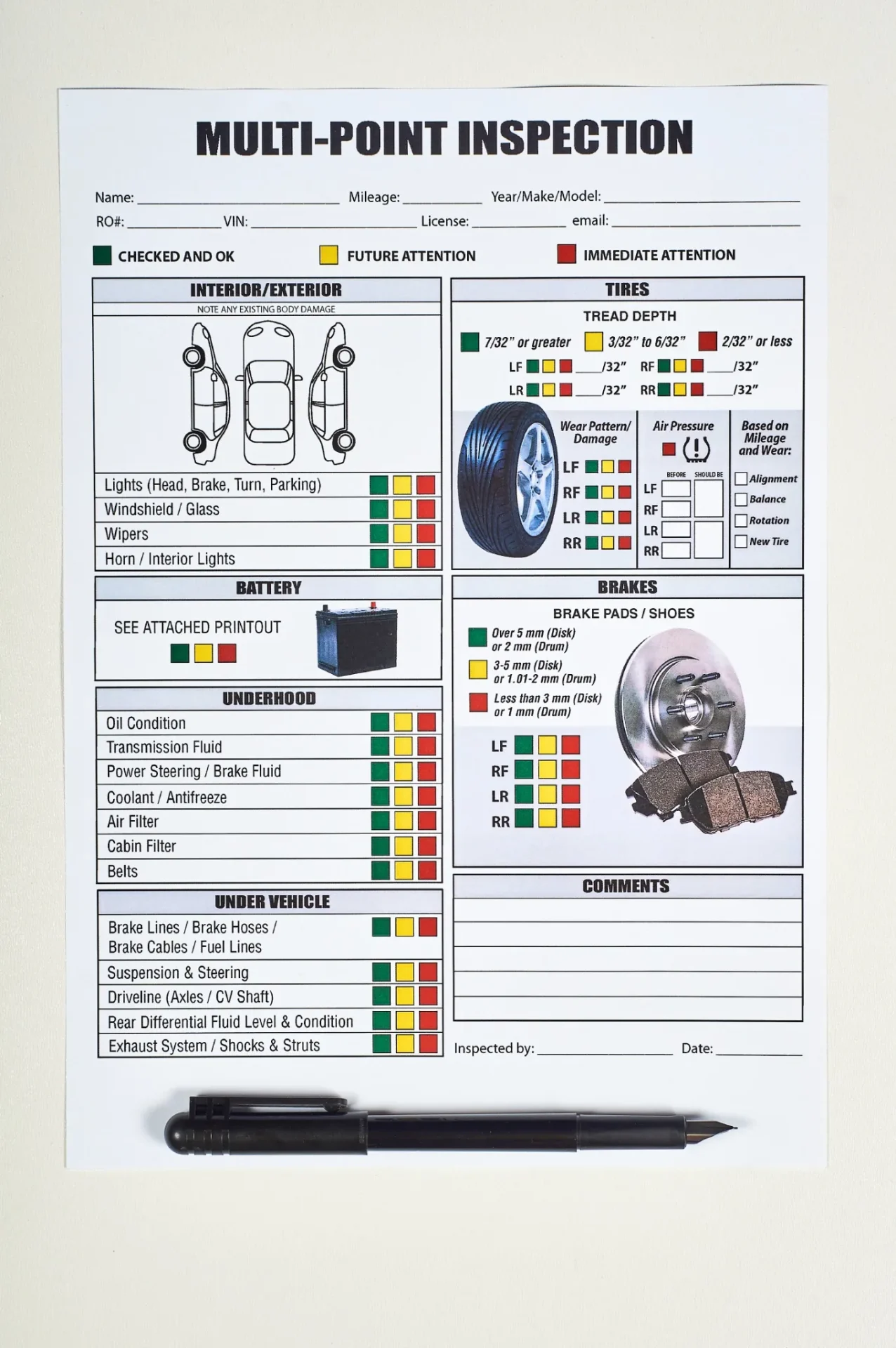Acura multipoint inspection checklist used to evaluate vehicle systems and maintenance needs.