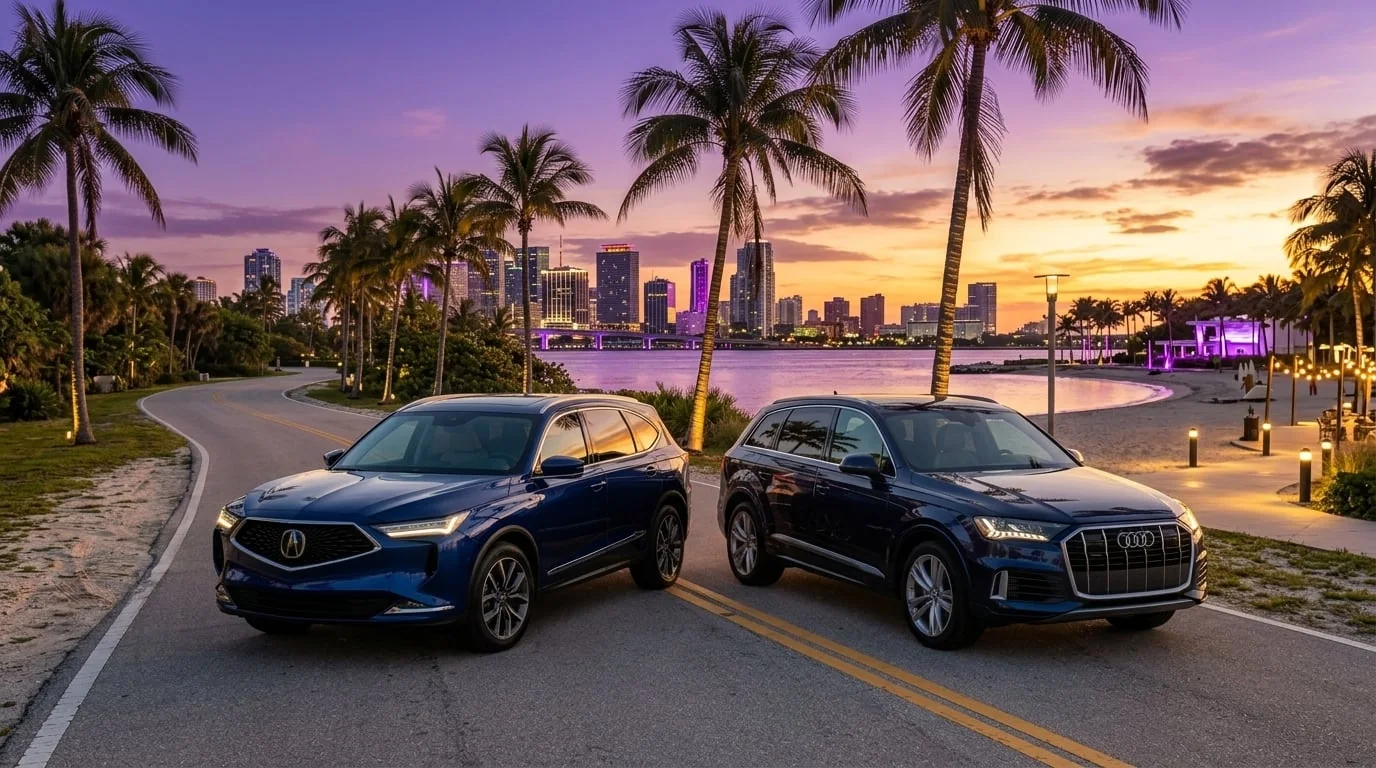 2026 Acura MDX and Audi Q7 parked on a palm-lined coastal road at sunset in South Florida