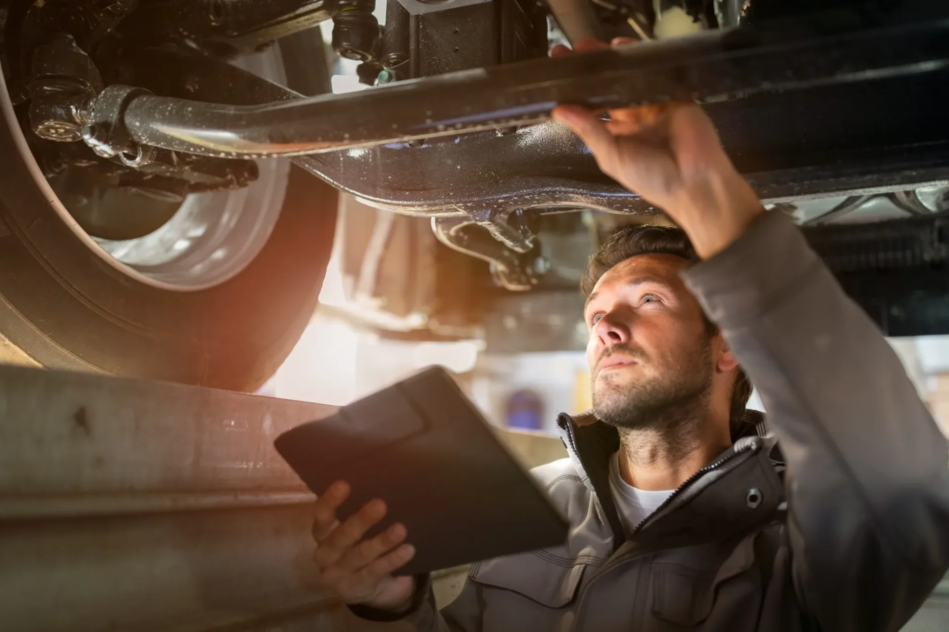 Certified technician performing a multipoint inspection underneath an Acura vehicle during routine service.