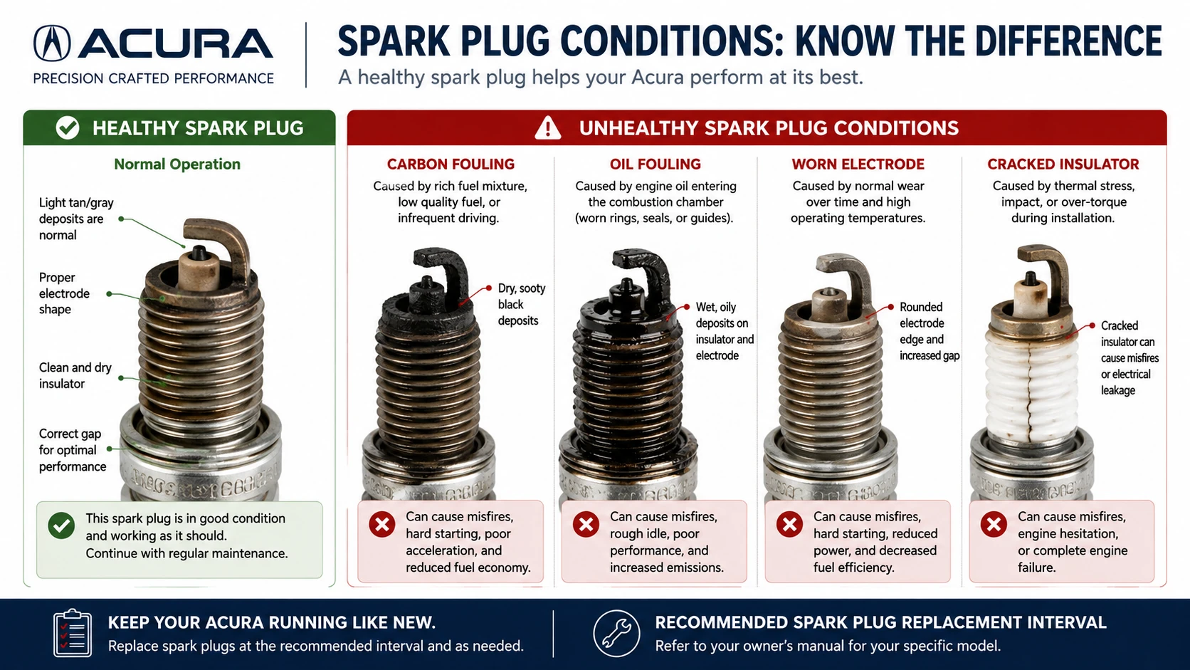 Acura spark plug condition guide comparing healthy plugs with carbon fouling, oil fouling, worn electrodes, and cracked insulators