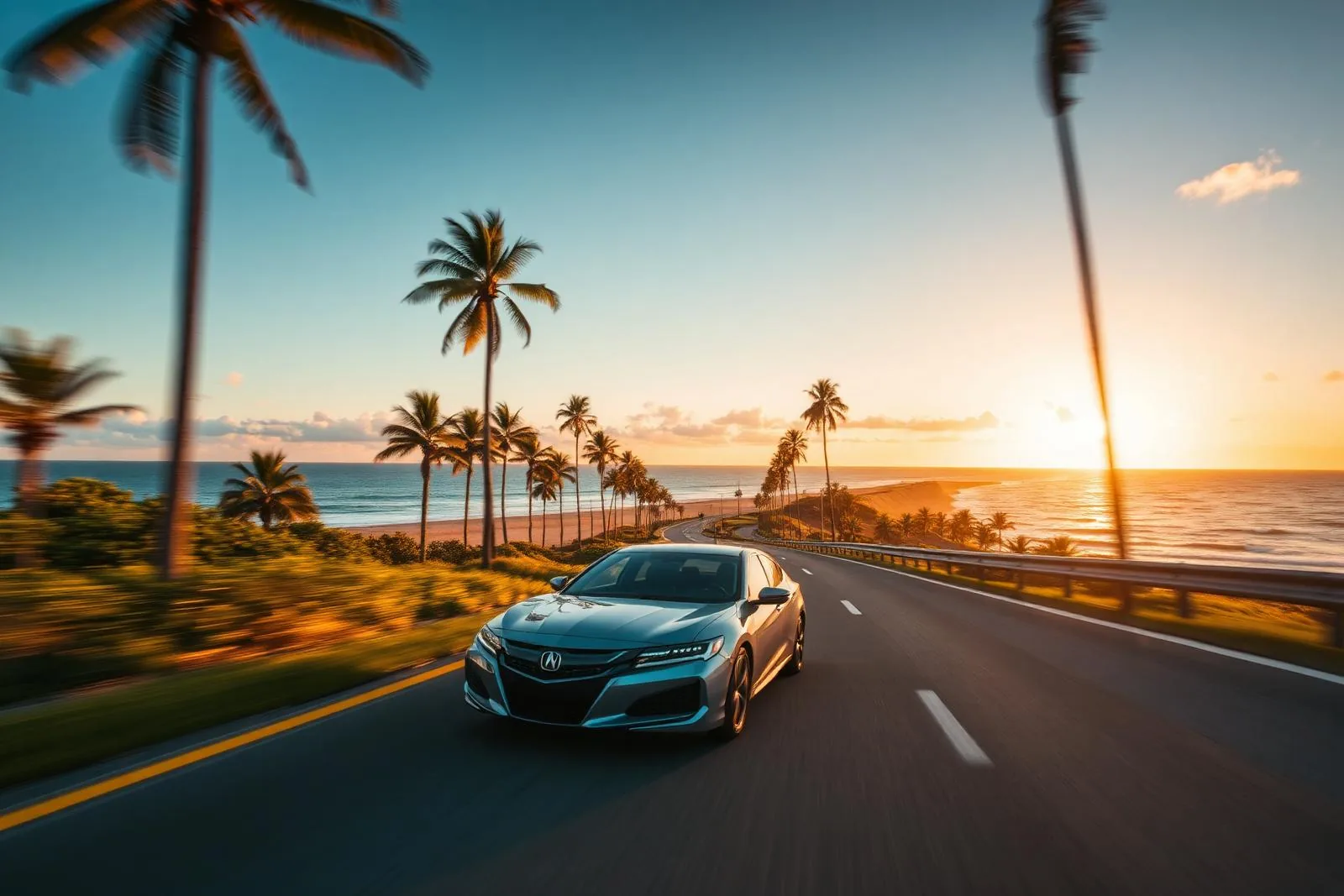 Luxury Acura sedan cruising a scenic South Florida coastal highway at golden hour.