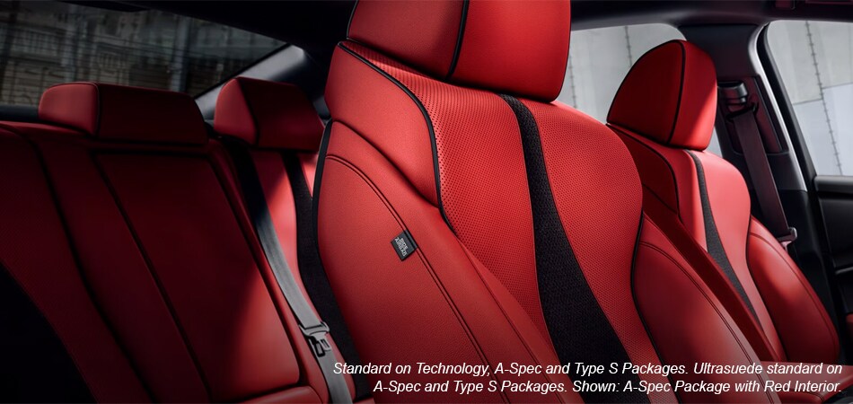 Standard on Technology, A-Spec and Type S Packages. Ultrasuede standard on A-Spec and Type S Packages. Shown: A-Spec Package with Red Interior.