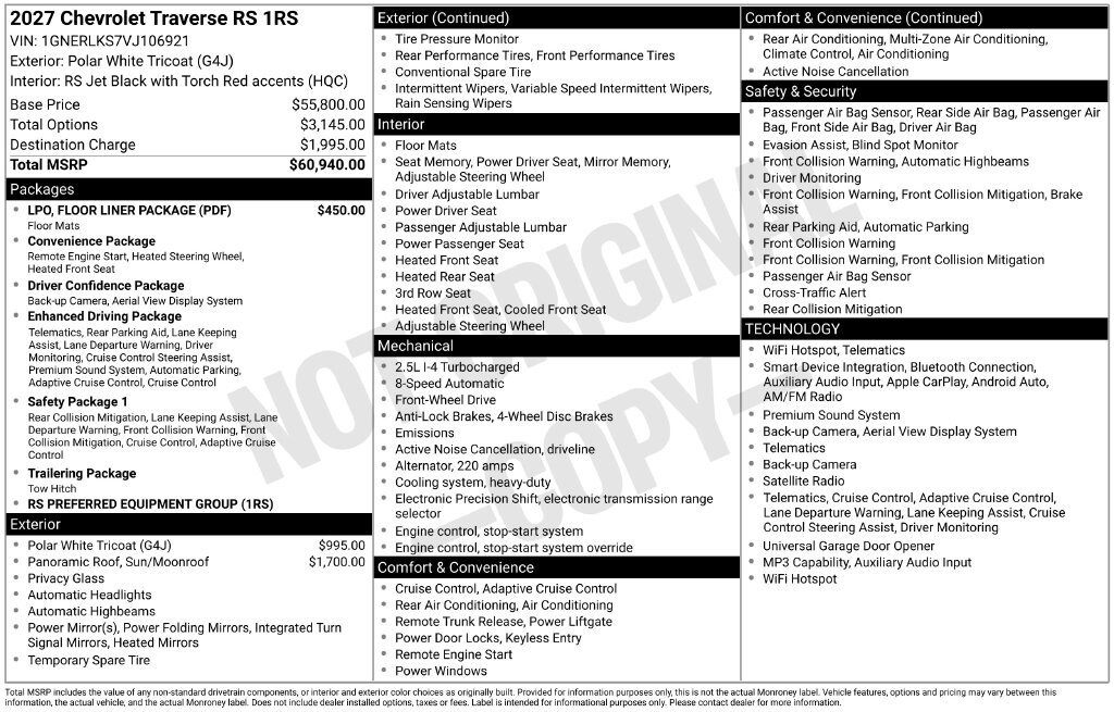 New 2027 Chevrolet Traverse RS SUV