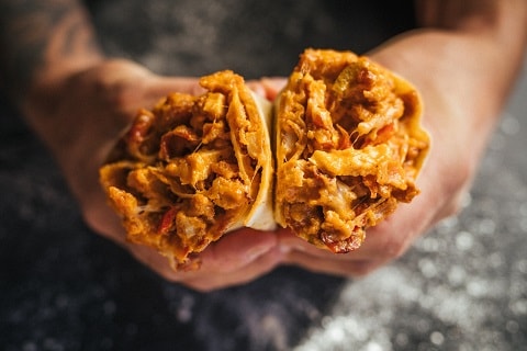 person holding a chicken wrap