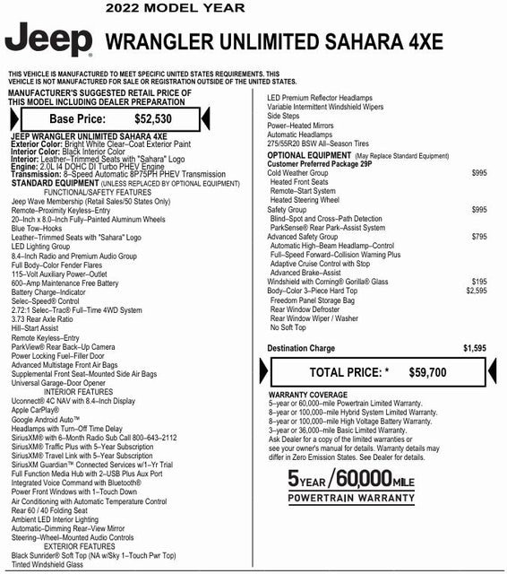 Used 2022 Jeep Wrangler Unlimited Sahara 4XE with VIN 1C4JJXP64NW108159 for sale in Nashua, NH