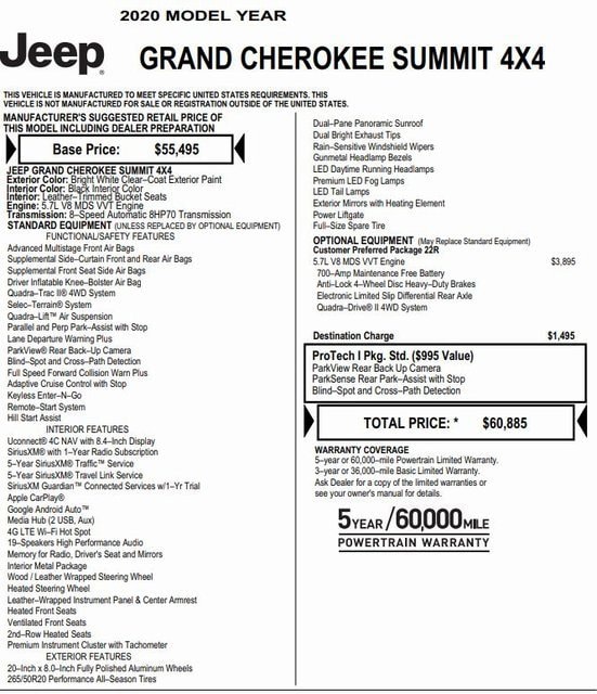 Used 2020 Jeep Grand Cherokee Summit with VIN 1C4RJFJT6LC277948 for sale in Nashua, NH