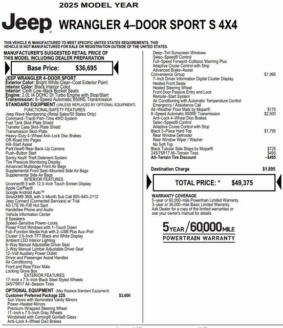 Certified 2025 Jeep Wrangler 4-Door Sport S with VIN 1C4PJXDN5SW555956 for sale in Nashua, NH