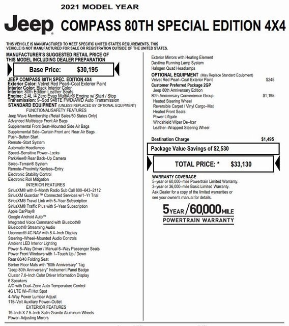 Used 2021 Jeep Compass 80th Spec. Edition with VIN 3C4NJDEB5MT592864 for sale in Nashua, NH