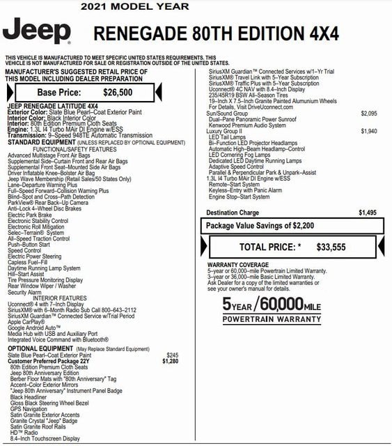 Used 2021 Jeep Renegade 80TH Edition with VIN ZACNJDB18MPM63484 for sale in Nashua, NH