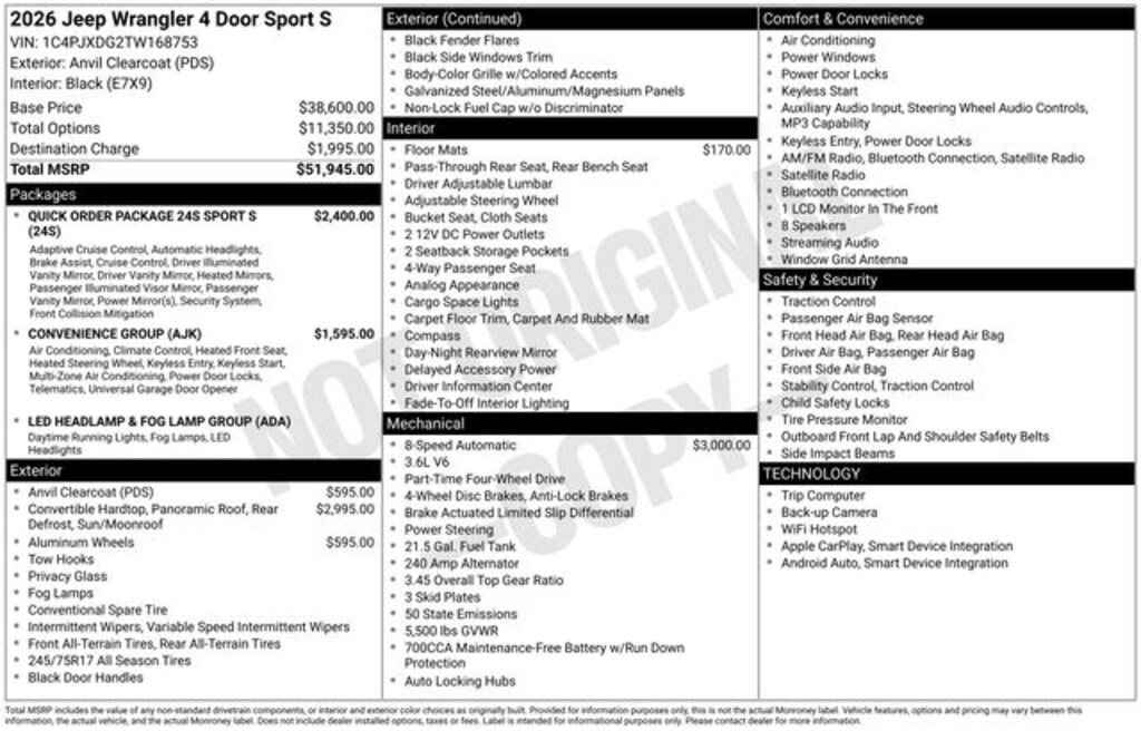 New 2026 Jeep Wrangler 4-DOOR SPORT S Sport Utility