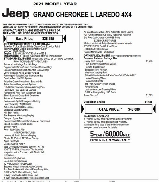 Certified 2021 Jeep Grand Cherokee L Laredo with VIN 1C4RJKAGXM8161118 for sale in Nashua, NH