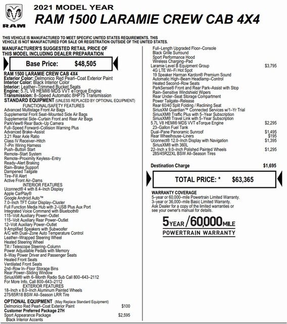 Certified 2021 RAM Ram 1500 Pickup Laramie with VIN 1C6SRFJTXMN814232 for sale in Nashua, NH