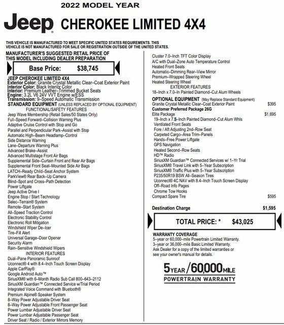 Used 2022 Jeep Cherokee Limited with VIN 1C4PJMDX8ND503219 for sale in Nashua, NH