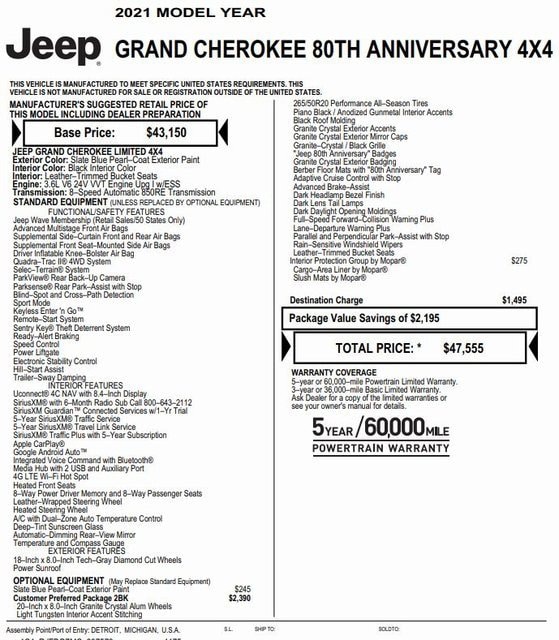 Used 2021 Jeep Grand Cherokee 80th Edition with VIN 1C4RJFBG7MC807573 for sale in Nashua, NH