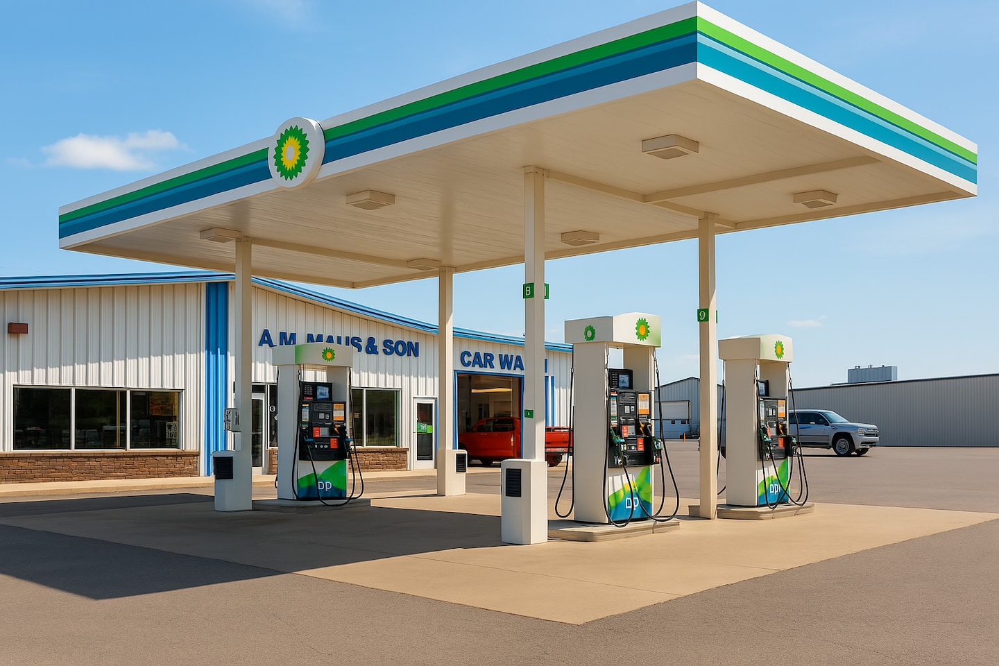  BP gas station at A.M. Maus & Son in Kimball, MN with fuel pumps, clear signage, and car wash in view under bright skies.
