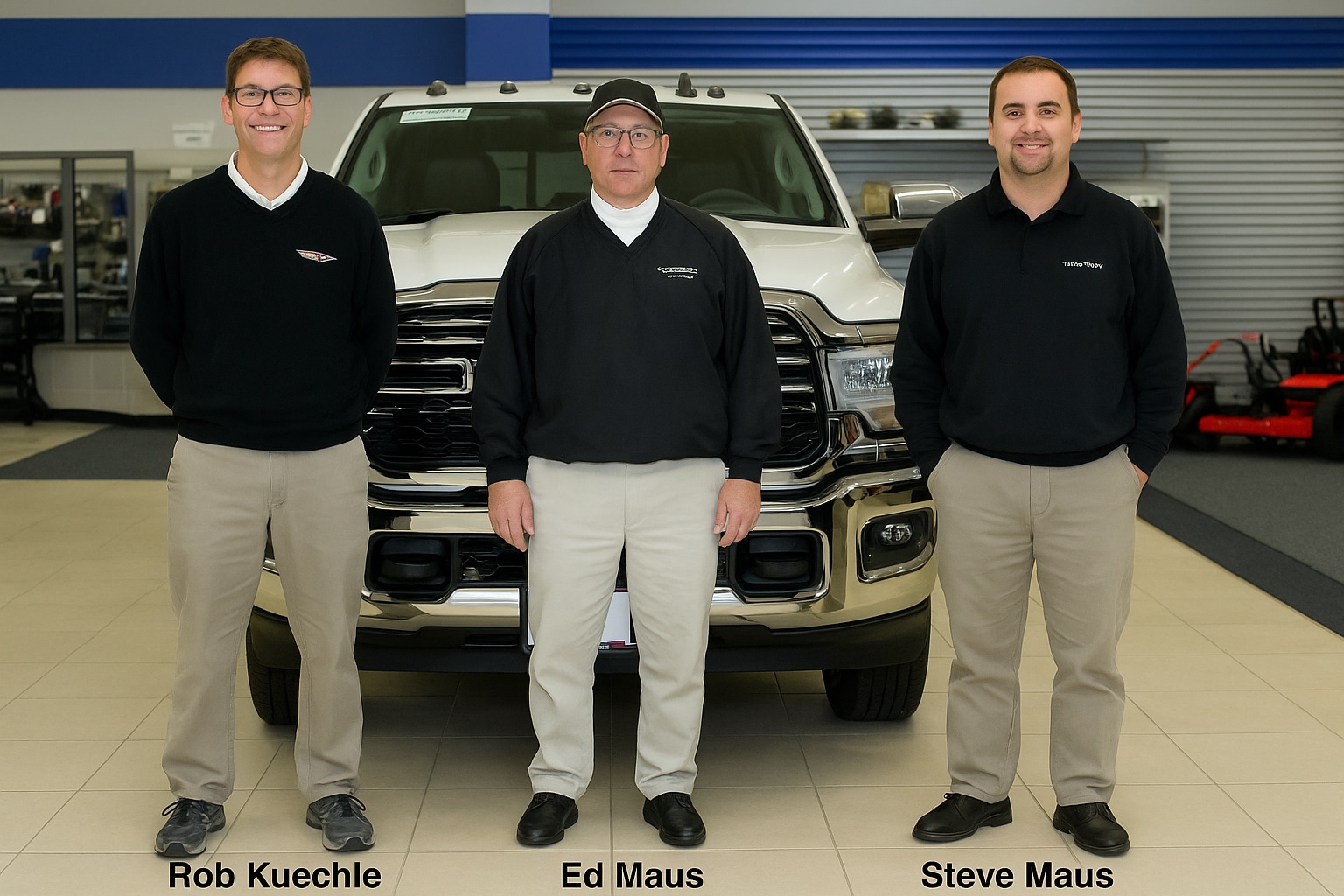 Three Commercial Managers posing in front of a RAM in A.M. Maus and Son.