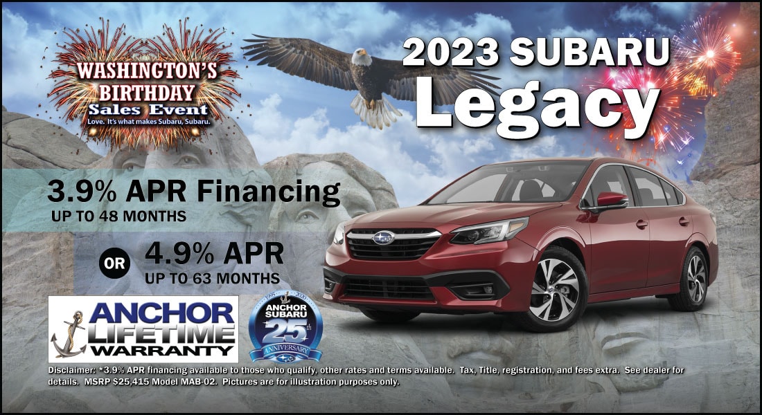 2023 Subaru Legacy 3.9% APR Financing up to 48 months. 4.9% APR up to 63 months