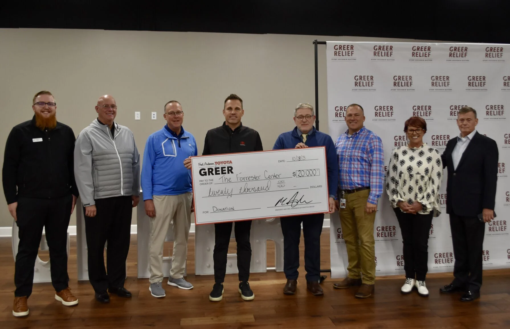 Forrester Center receives $20,000 Donation From Fred Anderson in Greer, SC.